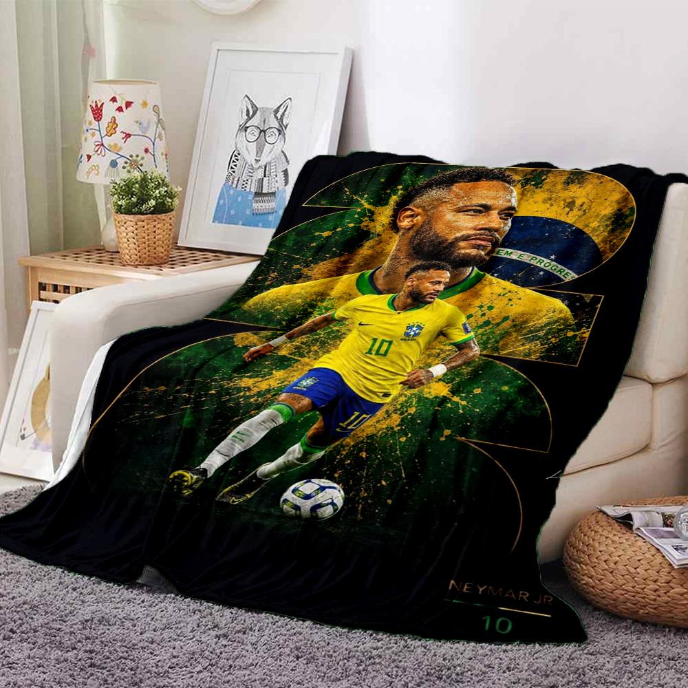 Brazil National Football Player Portrait Print Flannel Blanket Green Splash Background Soft Throw Blanket Soccer Fan Bedroom Decor