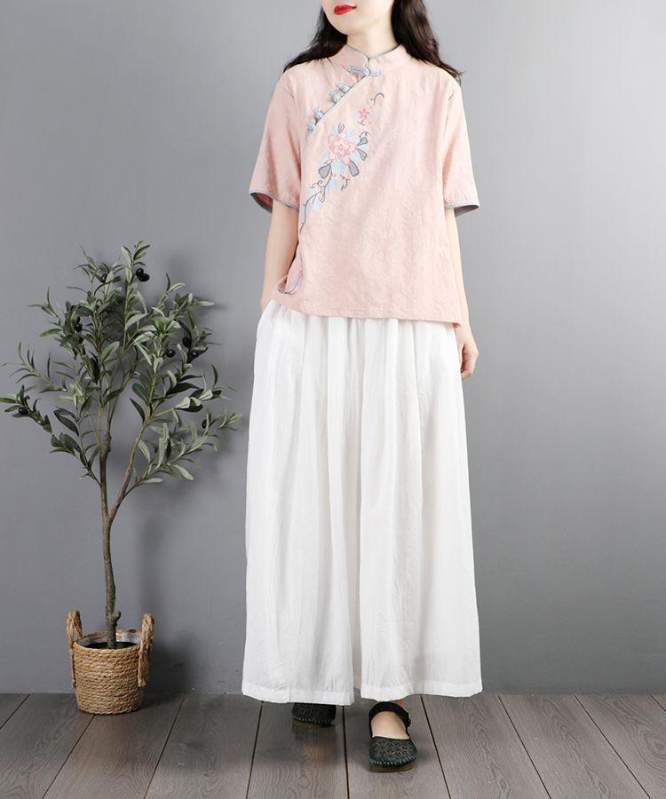 Женский летний топ ципао в стиле дзен из хлопка и льна - рубашка с коротким рукавом на китайских пуговицах с вышивкой