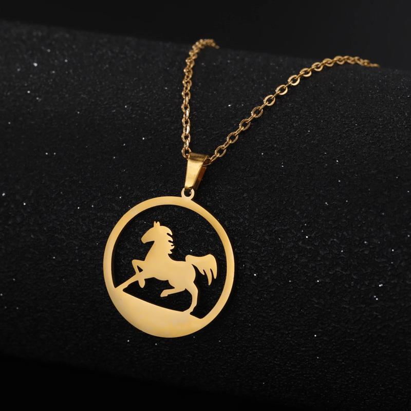 1 шт. Круглая подвеска-ожерелье Темперамент Инкрустированный бриллиантами Изысканная нержавеющая сталь Новогодний подарок Ожерелье с подвеской в виде лошади