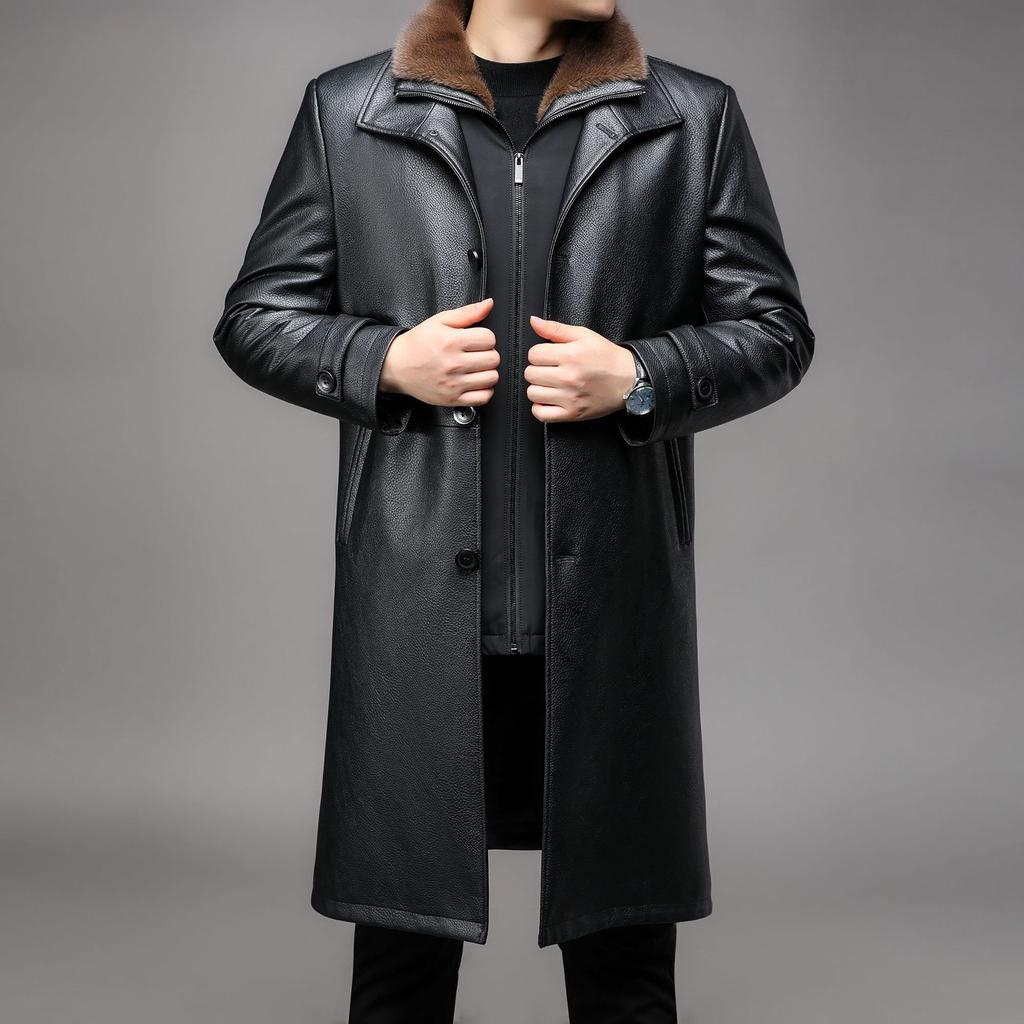 Leather Coat with Velvet and Thickening for Middle-aged Men with Removable Inner Liner, Long Fur All-in-one Genuine Leather Fur Coat