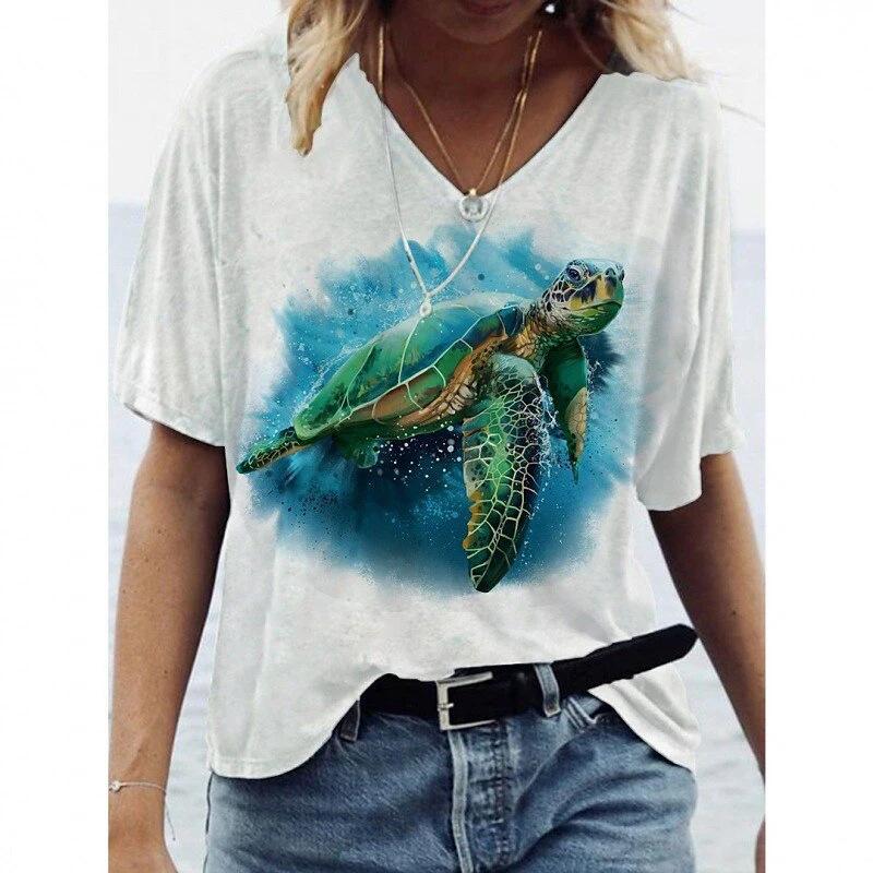 Женская футболка с V-образным вырезом и 3D-принтом в виде дельфина. Модная футболка с короткими рукавами и принтом.