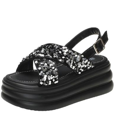 Модные женские босоножки на высокой платформе, блестящие, новые летние туфли на высоком каблуке 7 см, пляжная обувь на танкетке, прогулочные тапочки на толстой подошве, кожаные сандалии Mujer