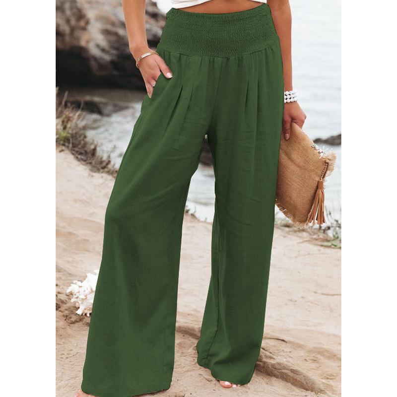 Fashion Casual Green Wide Leg Pants Women Elastic Solid Cotton Linen Long Pants Female Loose OL Style Womens Trousers
