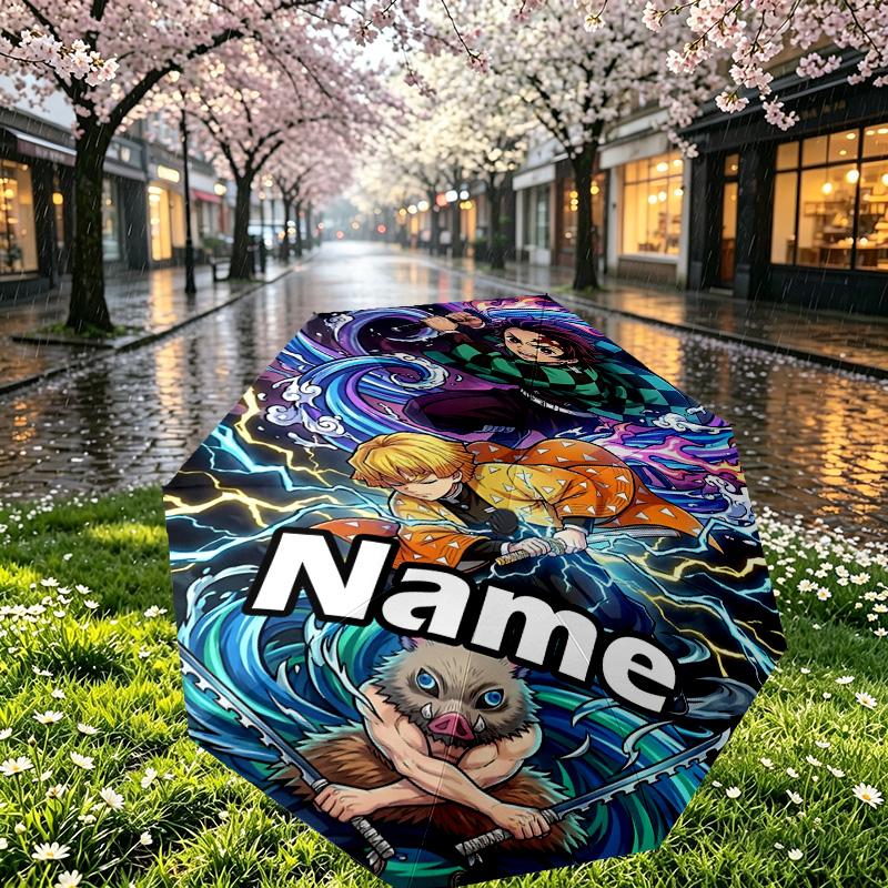 Custom Name Personalized Demon Slayer Print Umbrella, Auto Open Close, 8‑Rib Sturdy Frame, Commute Camping Hiking Use, Birthday Gift