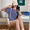 2025 летние простые футболки с коротким рукавом для женщин, модные повседневные свободные базовые футболки в синюю полоску, футболки для студентов в стиле Харадзюку, кавайные, топы для улиц y2k