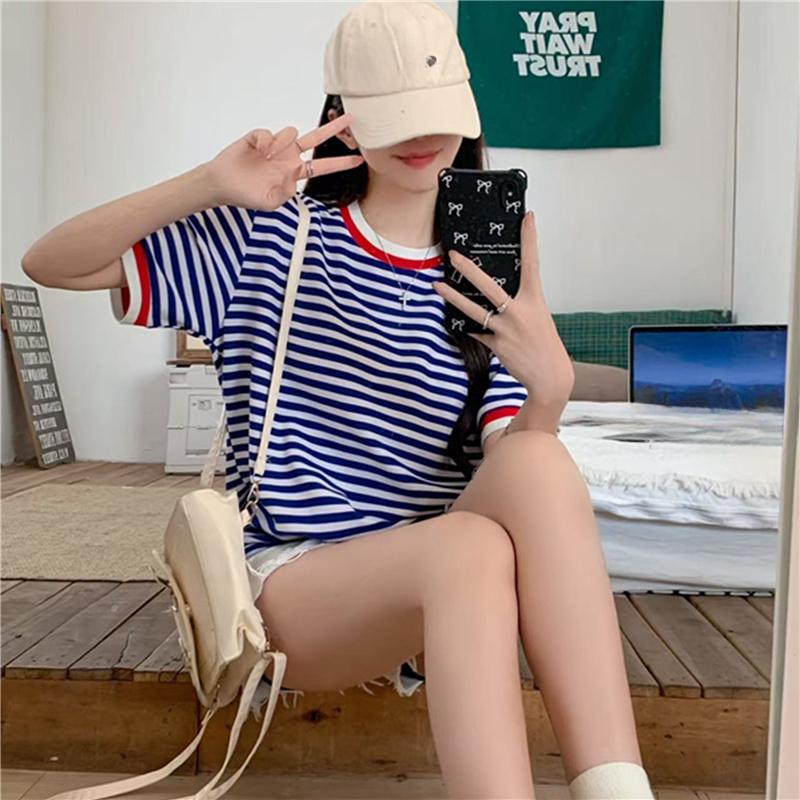 2025 летние простые футболки с коротким рукавом для женщин, модные повседневные свободные базовые футболки в синюю полоску, футболки для студентов в стиле Харадзюку, кавайные, топы для улиц y2k