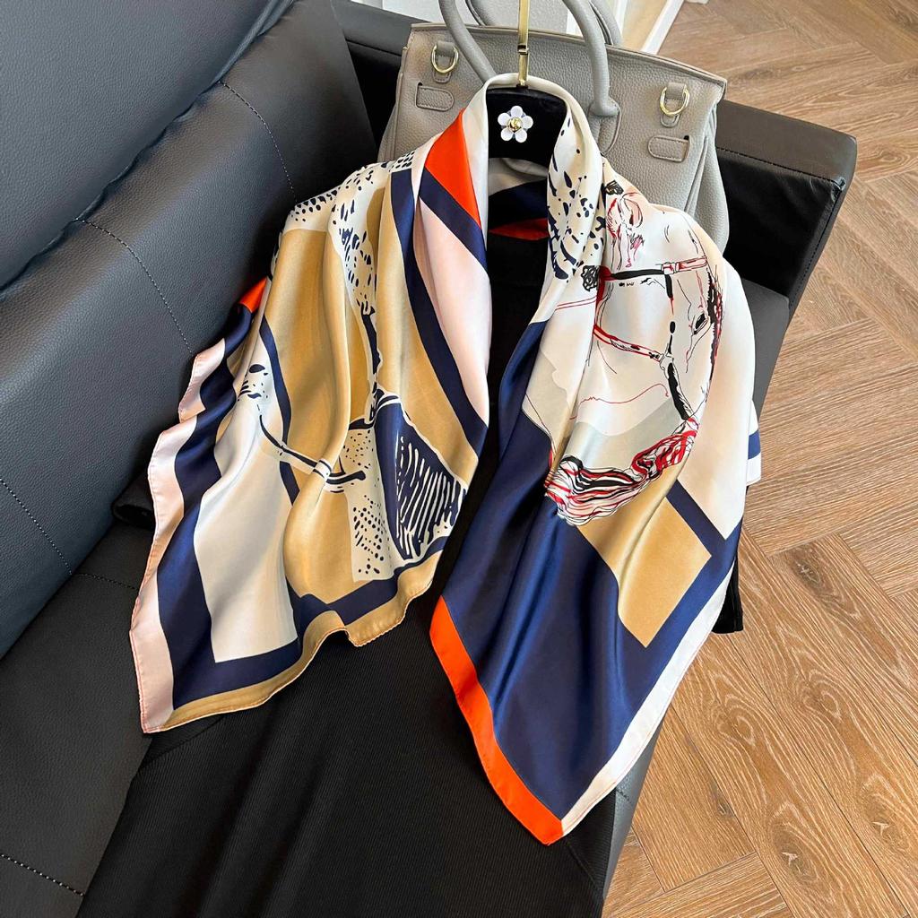 Color block silk scarf Korean version printing color matching scarf twill silk large square scarf 91x91cm shawl sunscreen travel headscarf