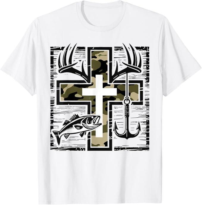 Faith Fishing Hunting Camo Cross with Hook Bass Christian T-Shirt