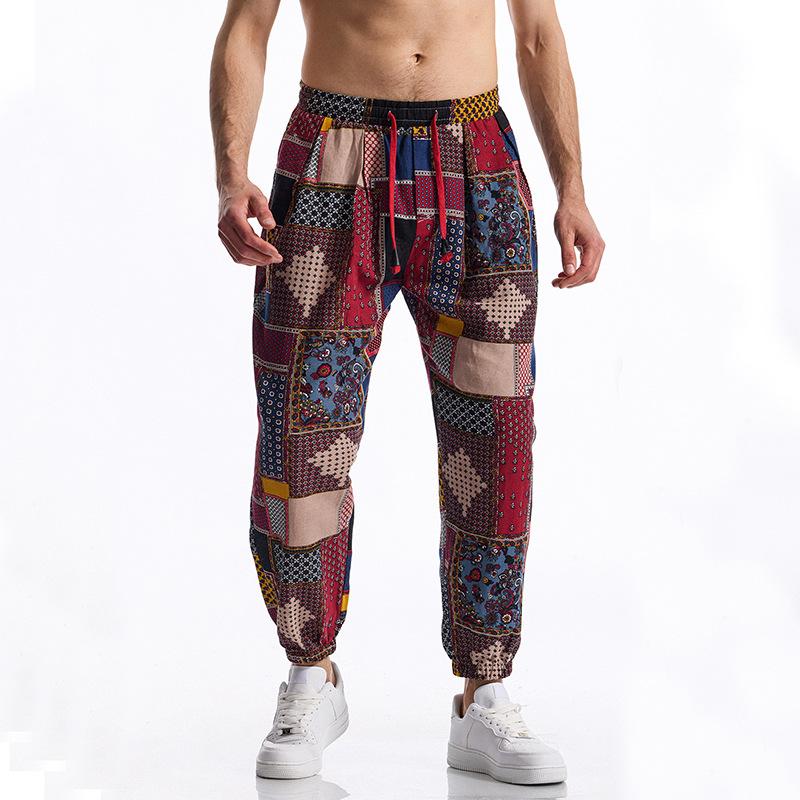Spring and Summer Men's Linen Cotton Printed Casual Pants