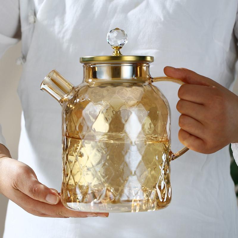 Стеклянный чайник 1/1,8 л с крышкой и фильтром, чайник для шампанского, холодо- и жаростойкий, заварочный чайник для распускающегося чая, фруктового чая, янтарный