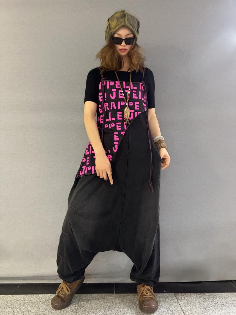 Retro personality old letter splicing overalls women's summer new large size fat sister jumpsuit tide