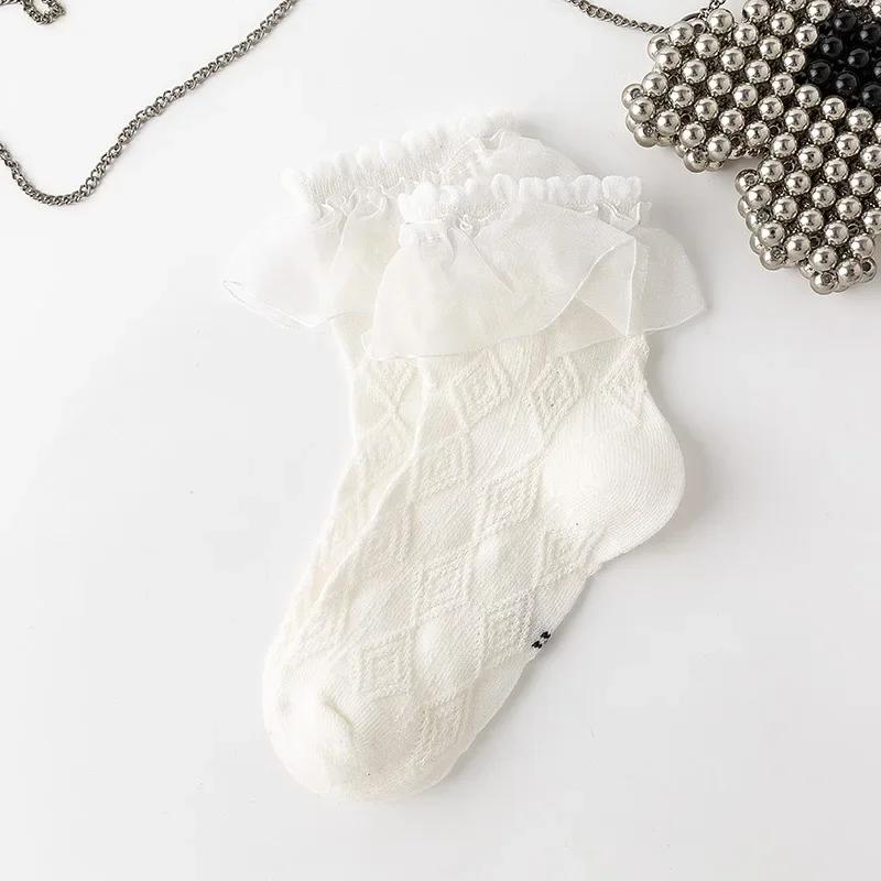 Носки с оборками для девочек, кружевные носки JK Calf для детей, милые носки принцессы с оборками белого и черного цвета для детей, одежда на весну и лето