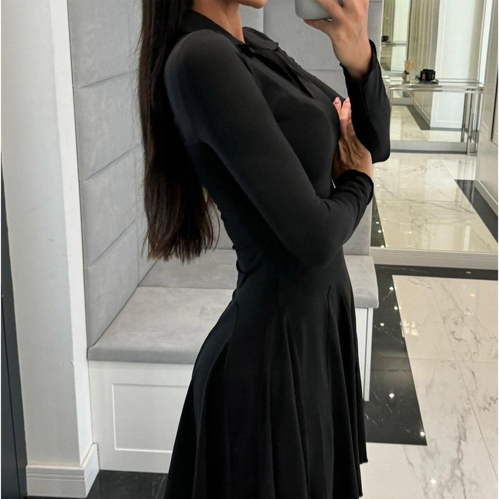 Women's Fashion Casual Long-sleeved Ruffled Short A-line Pleated Dress