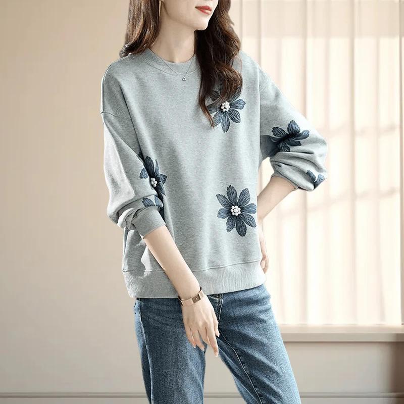 Свитшот для женщин, хлопковая свободная футболка большого размера с длинным рукавом, флисовая удобная круглая горловина, повседневный пуловер, топ, свитшот