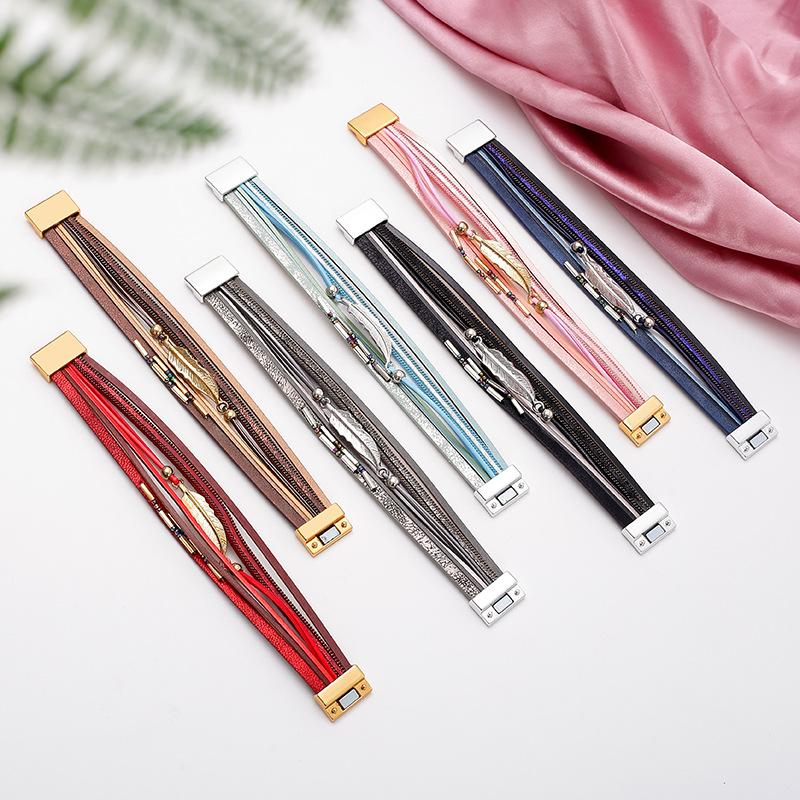 Многослойный браслет из искусственной кожи в богемном стиле, женский, с магнитной застежкой-листом, аксессуары для украшений