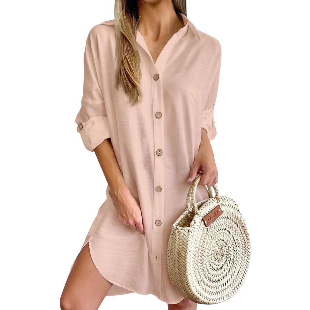 Women's Fashion Long Sleeve Lapel Button Down Shirt Dresses