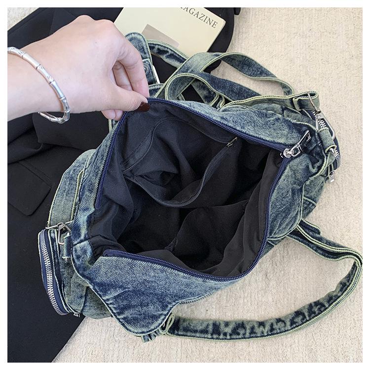 Women's Vintage Washed Denim Multi-Pocket Crossbody Tote & Shoulder Bag