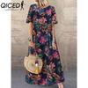 QICED Женская мода лето весна однотонный принт с коротким рукавом и круглым вырезом с высокой талией повседневные платья