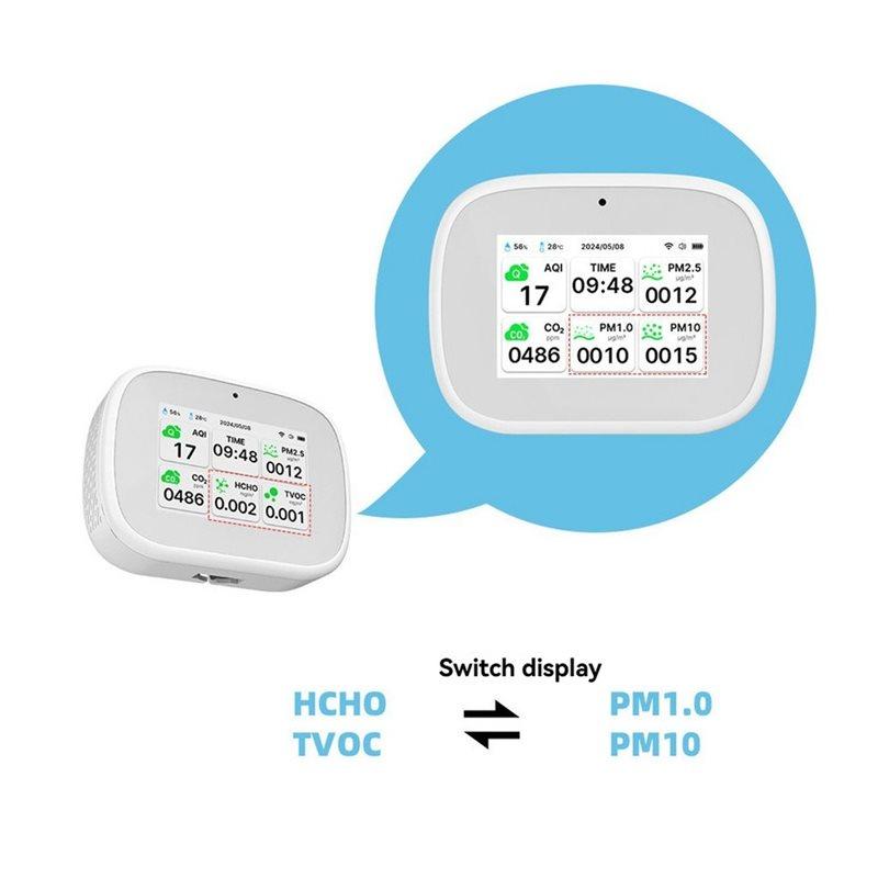 A74E-Tuya Wifi 10-в-1 Монитор качества воздуха AQI/CO₂/TVOC/HCHO/PM2.5/PM1.0/PM10/Температура/Влажность/Время Внутренний тестер