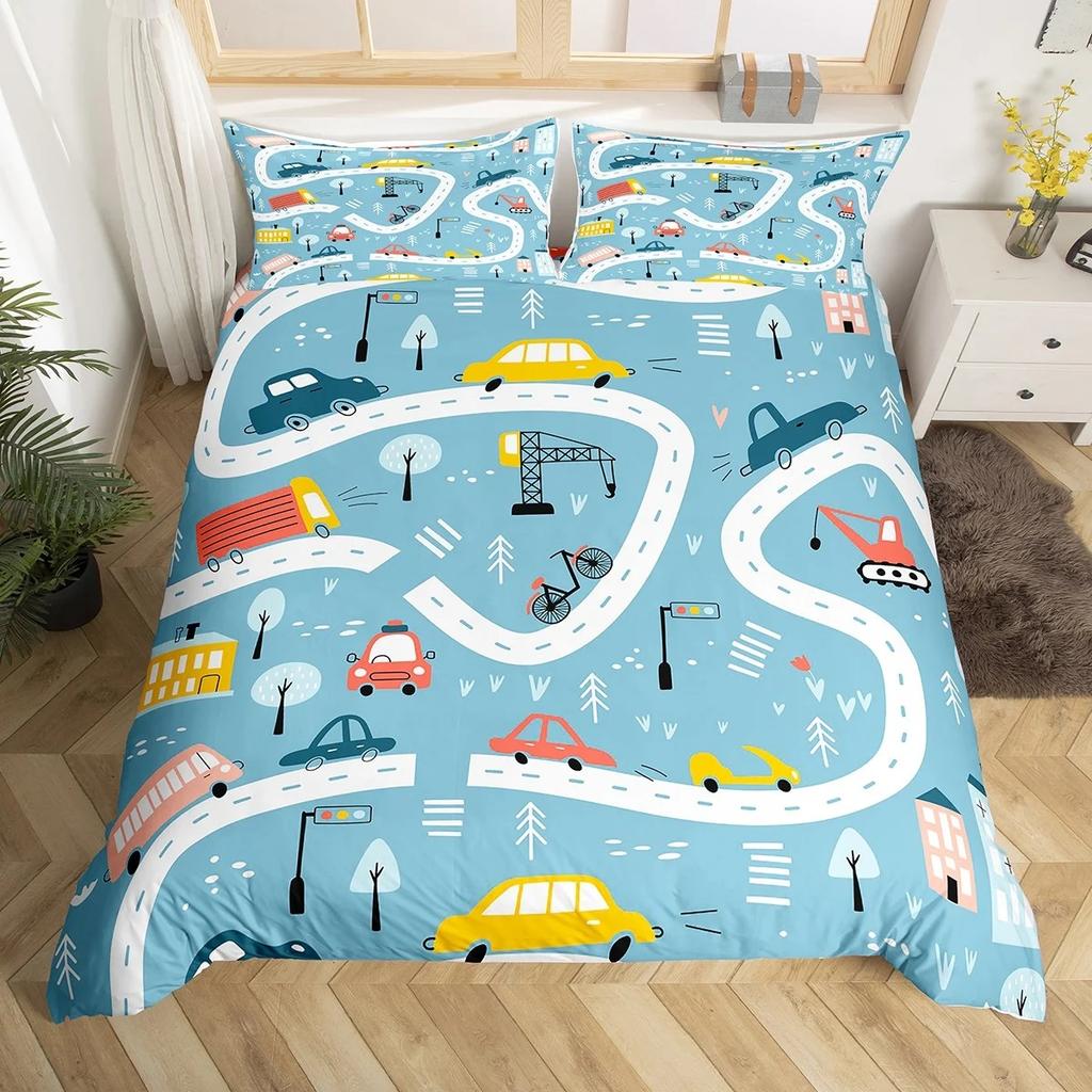 Comforter Cartoon Truck Twin City Landscape Bedding Set Hand Drawn Cartoon Vehicles City Map Railway Train Comforter