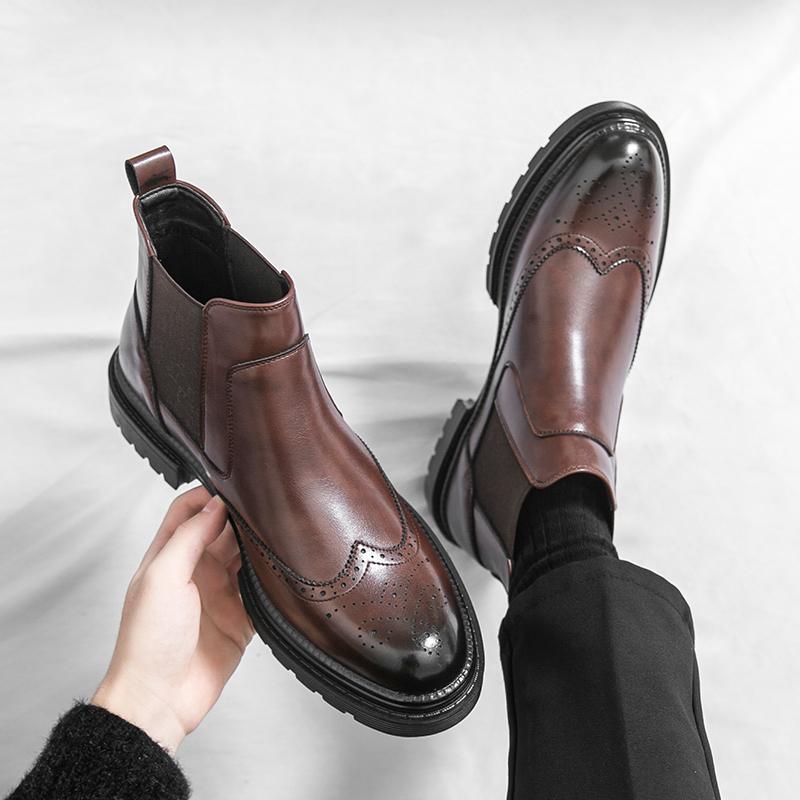 Fashion 2025 High Quality Men's Comfortable Round Toe Knight Boots Autumn Brand Men's Thick Soled Breathable Block Carved Chelsea Boots
