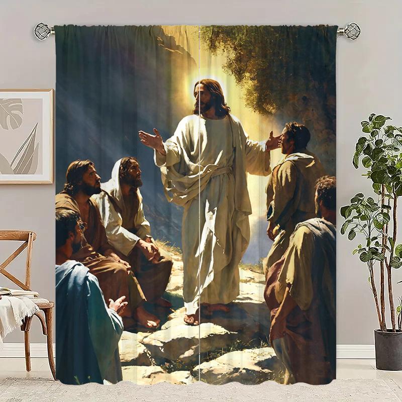 Jesus Painting Printed Curtain, Polyester Semi-transparent 2pcs Curtain -, Suitable for Living Room Decoration, Home Decoration