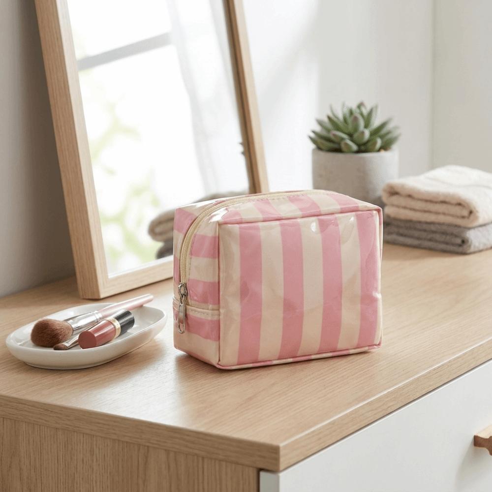 Portable PVC Striped Makeup Bag Mini Cosmetic Pouch Cute Toiletry Bag Daily Use