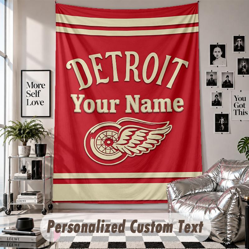 Wall Hanging Tapestry With Custom Name & Text, Detroit Red Wings Decorative Tapestry For Bedroom