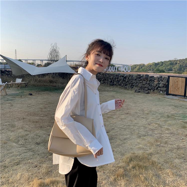 Autumn Long Sleeved Shirt Women's Top Split White Retro Hong Kong Style Shirt Trend