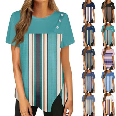Футболка в полоску с пуговицами и пышным подолом, повседневный топ с круглым вырезом с короткими рукавами, женская одежда