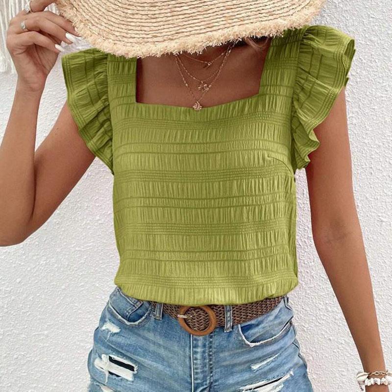 Женская летняя футболка с квадратным воротником и оборками, однотонный пуловер, топ