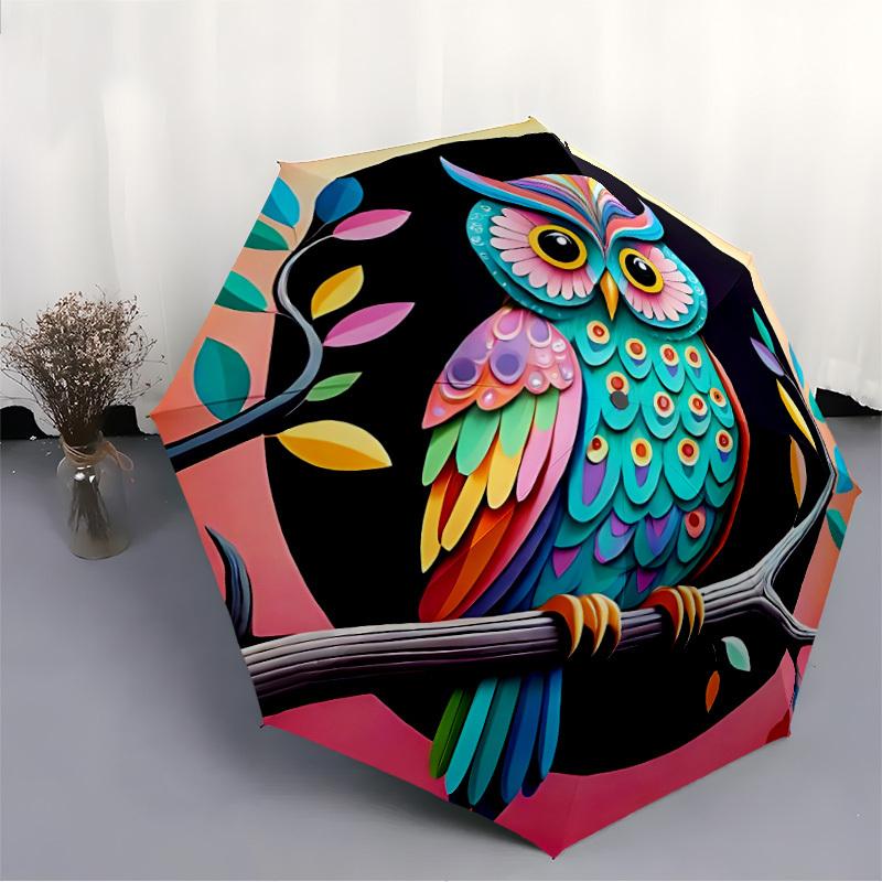 1pc Owl Artwork Automatic Opening/Closing Umbrella with Operation & Windproof Canopy - Folding Design, Holiday Gift yy260225177