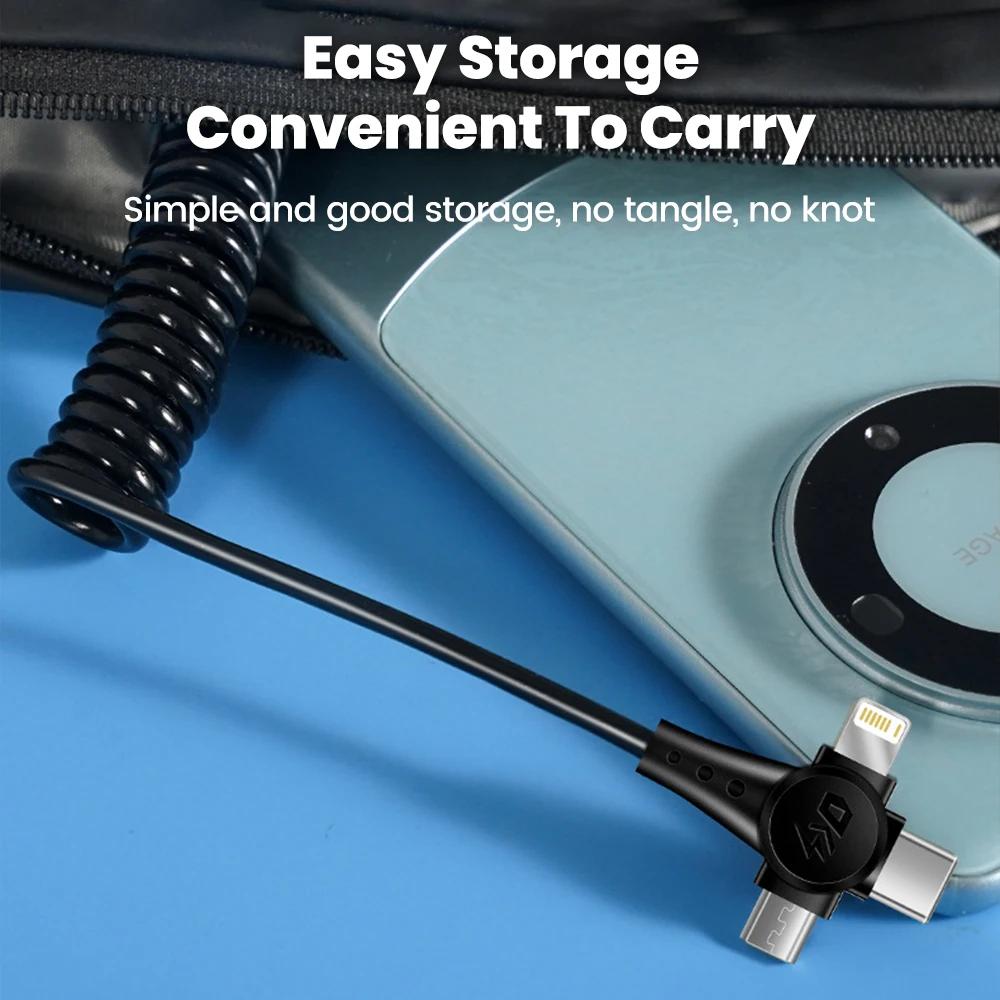 Кабель для быстрой зарядки мобильного телефона 120 Вт 3-в-1 Сверхбыстрая зарядка Пружинный выдвижной кабель для передачи данных для iPhone Huawei Xiaomi Кабель USBC