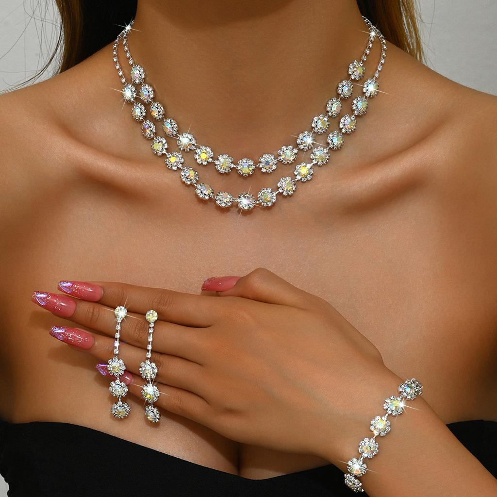 Women Inlaid Rhinestone Chain Necklace Earrings Bracelet Wedding Party Festival Gift