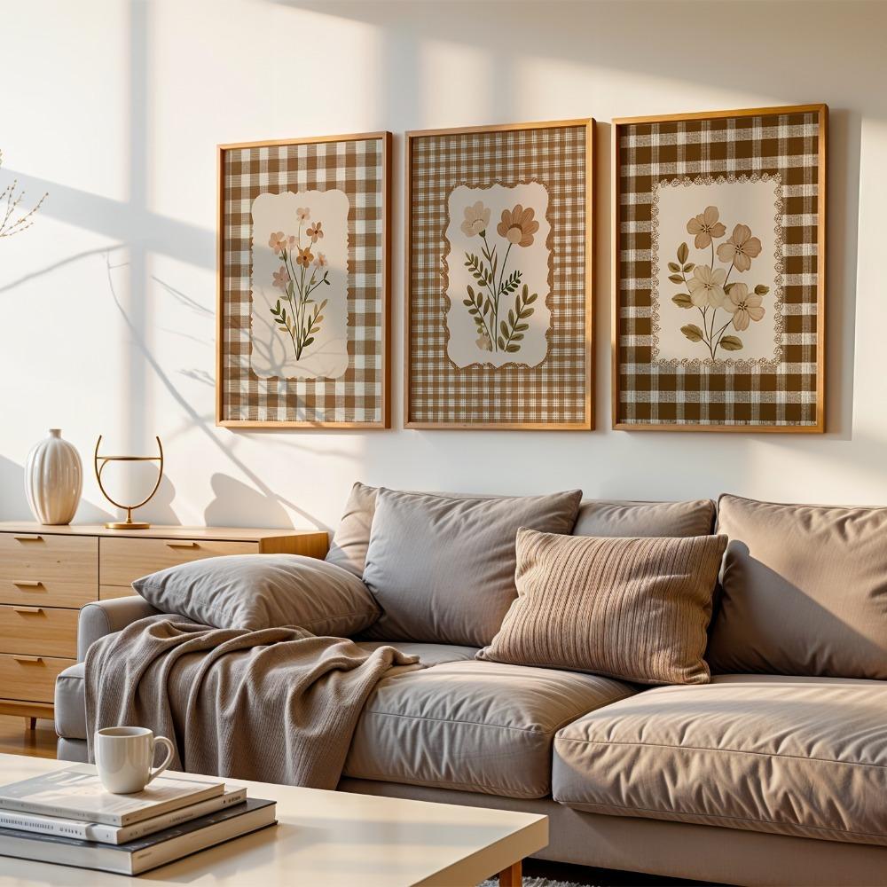 3pcs Frameless,Nostalgic Posters,Classic Country Wildflower Art Prints,Brown Checkered Flower Canvas Art,Bedroom Corridor Decor