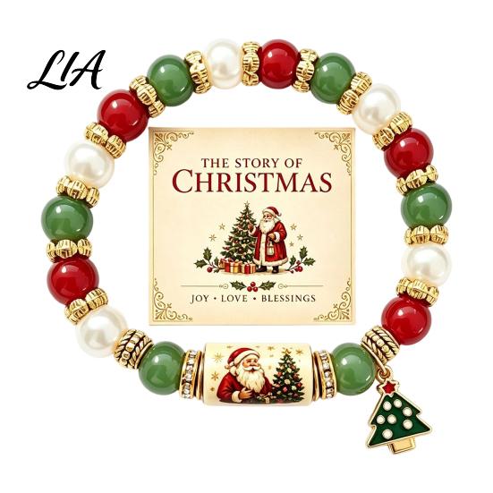 Commemorative Holiday Blessing Gift Christmas Bracelets for Women, Beaded Charm Stretch Bracelet with Elastic Pearl Wrist Jewelry Card, Stocking