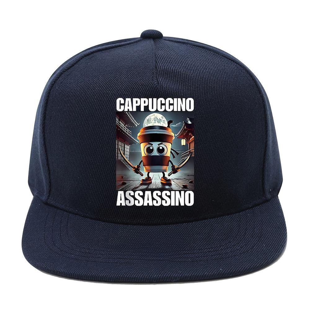 Кепка-бейсболка CAPPUCCINO ASSASSINO Мультяшный дизайн YK Streetwear Регулируемая посадка Черная с Белым принтом Легкая