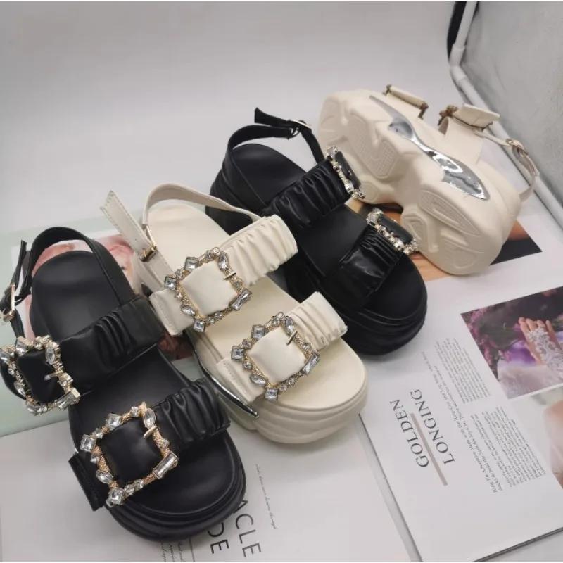 Fashion Female Sandal High Heels Black Shoes for Women Muffins Shoe Buckle Strap 2025 Summer Open Toe Girls Rhinestone High-heeled Beige