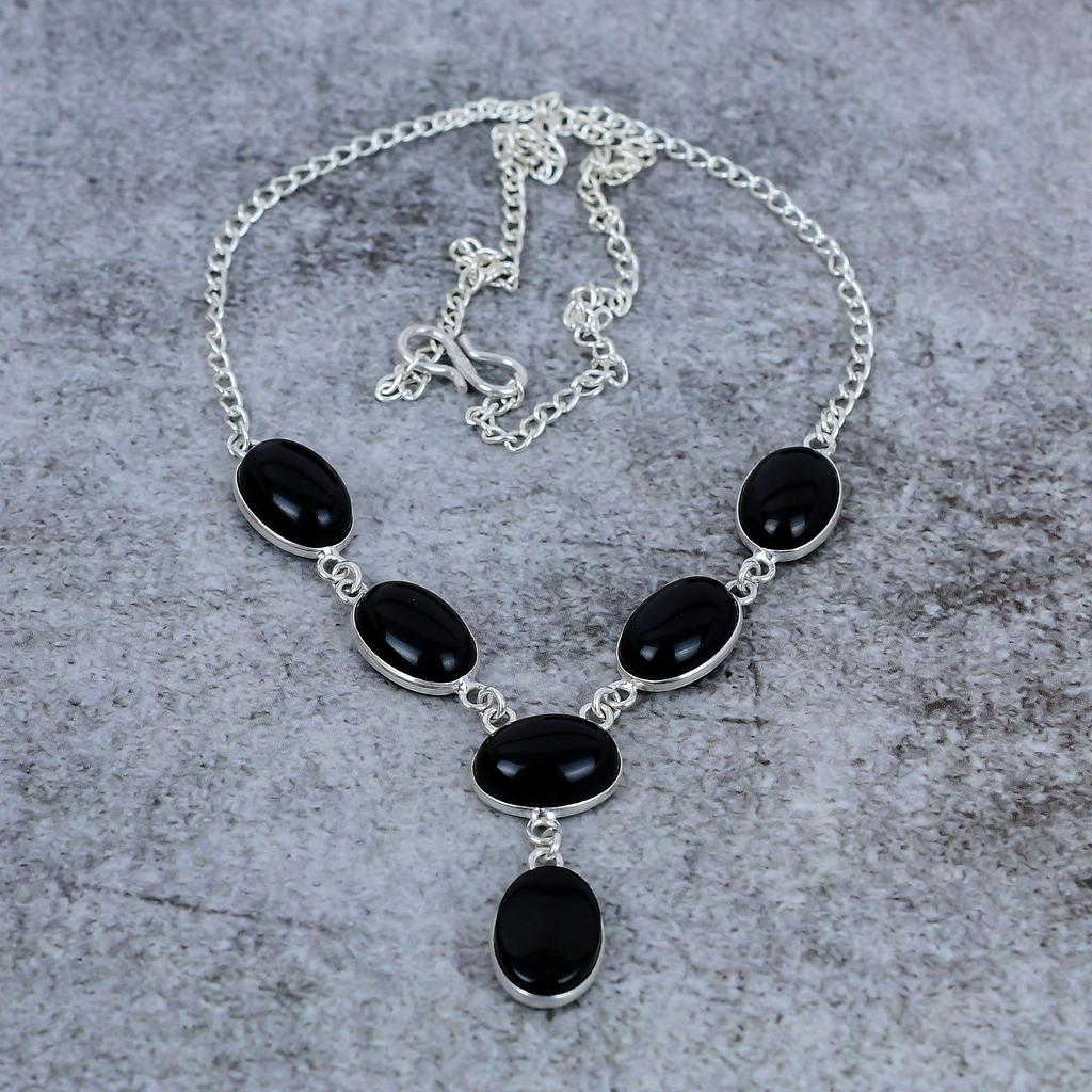 Black Onyx Gemstone Handmade 925 Sterling Silver Jewelry Necklace 18" M-411