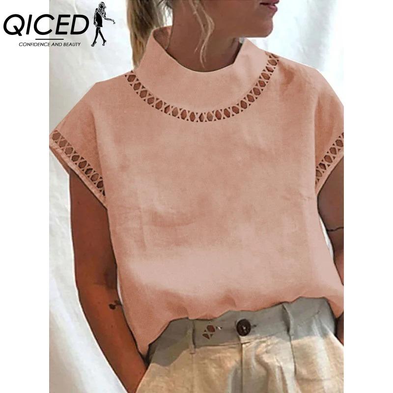 QICED Женские модные повседневные однотонные блузки и рубашки с короткими рукавами и принтом
