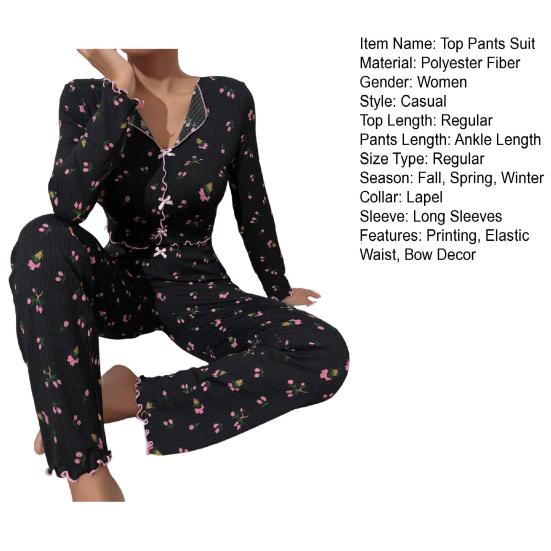 2 шт./комплект осень-зима женская пижама костюм отложной воротник длинный рукав принт бант декор топ высокая талия брюки пижамы повседневная домашняя одежда одежда
