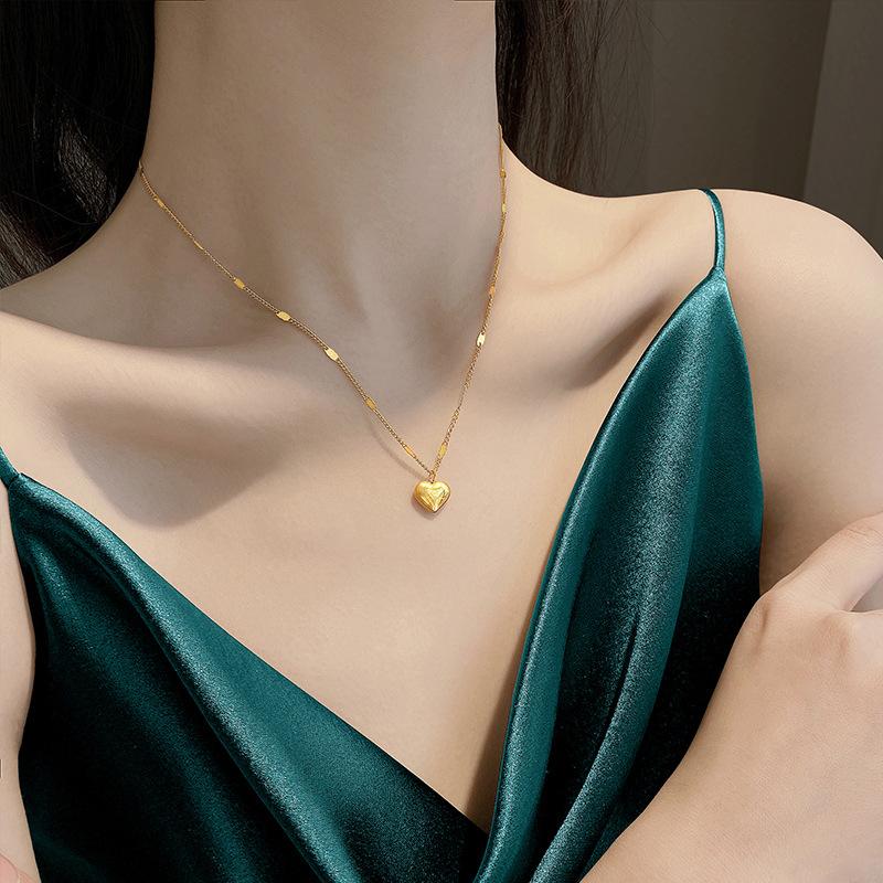 Elegant Stainless Steel Korean Love Heart Necklace Earrings Set Jewelry Gift for Her Romantic Anniversary Accessory