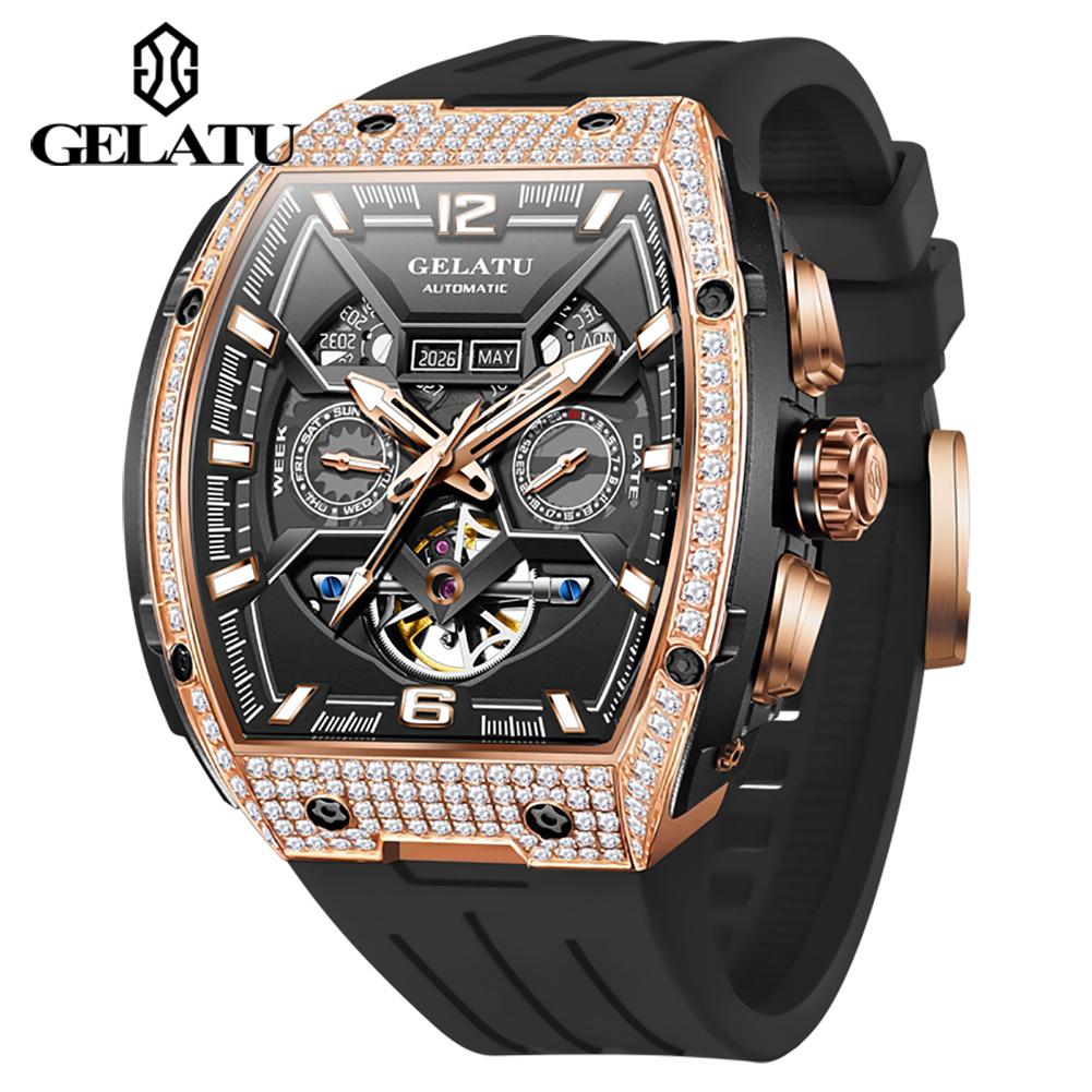 GELATU Men's Watch Hollow Out Skeleton Automatic Watch for Men Silicone Strap Dual Calendar Luxury Original Mechanical Man Watch