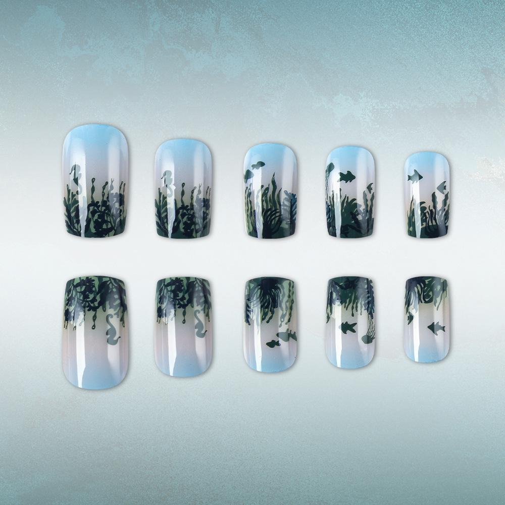 Spring-Summer Gradient Seaweed Blue-Green Square Nail Art Set - 24 Detachable Pieces