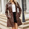 Новая кожаная куртка средней длины с поясом, женский кожаный плащ с длинными рукавами, модное британское пальто