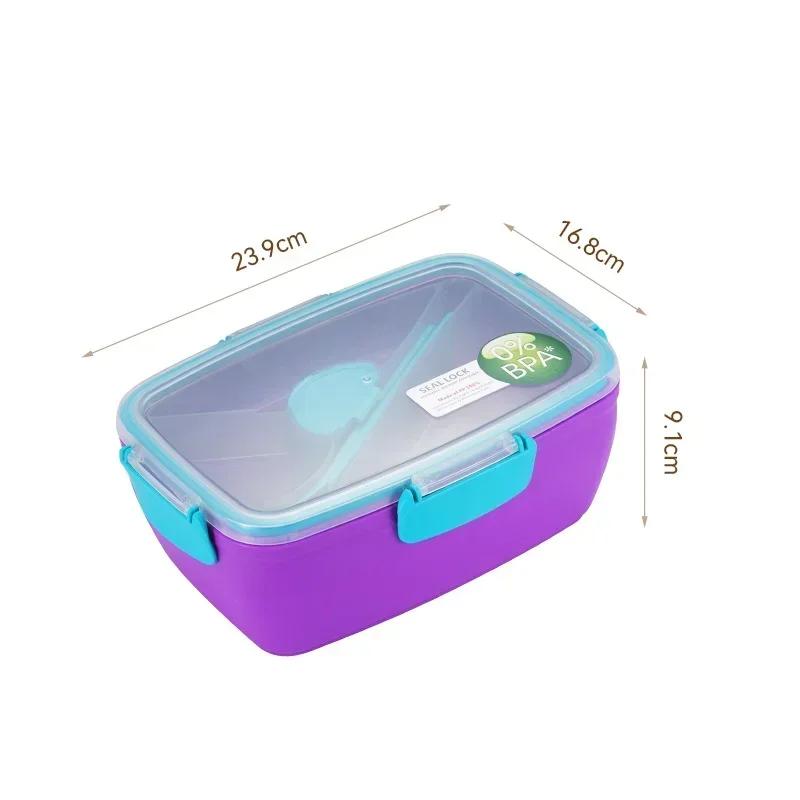 Double Layer Portable Picnic Fruit Salad Lunch Box Compartment Plastic Covered Cutlery Bento Lunchbox Food Storage Containers