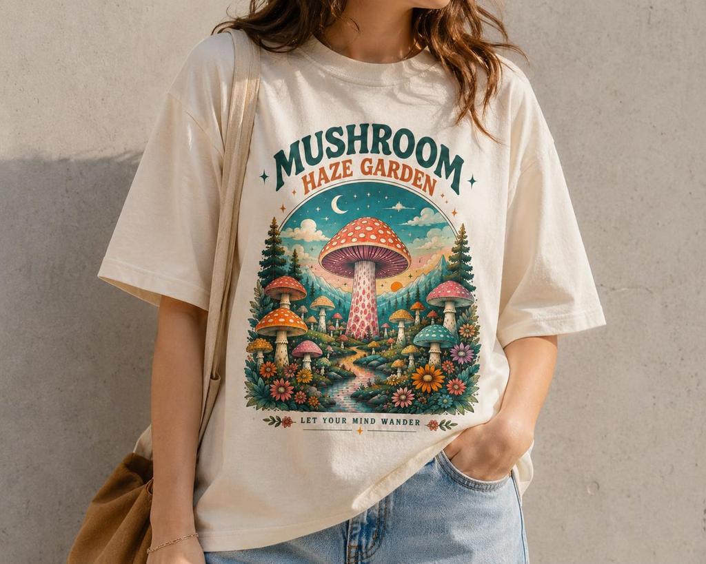 Mushroom Haze Garden Graphic Tee | Vintage Mushroom Shirt