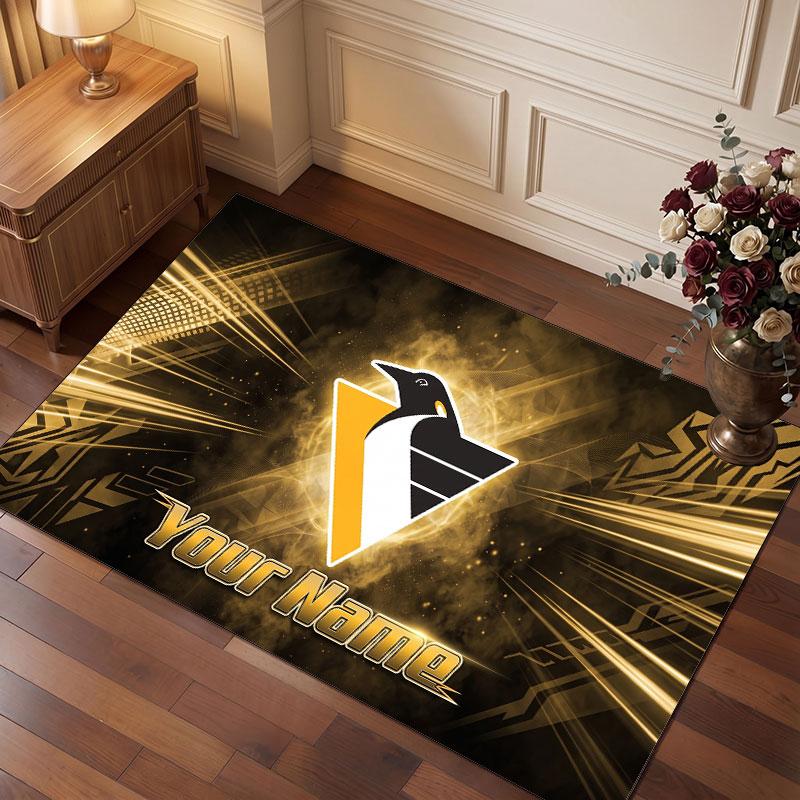 Pittsburgh Penguins Personalized Crystal Velvet Carpet, Customized Name Text Soft Anti‑Slip Rug for Living Room Bedroom