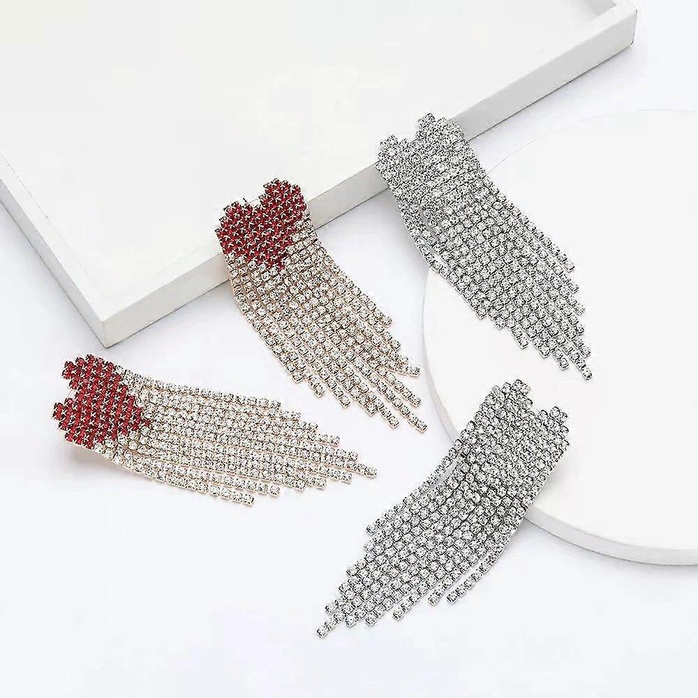 Simple niche fashion love tassel earrings versatile rhinestone dress shiny earring accessories women's earring silver plated