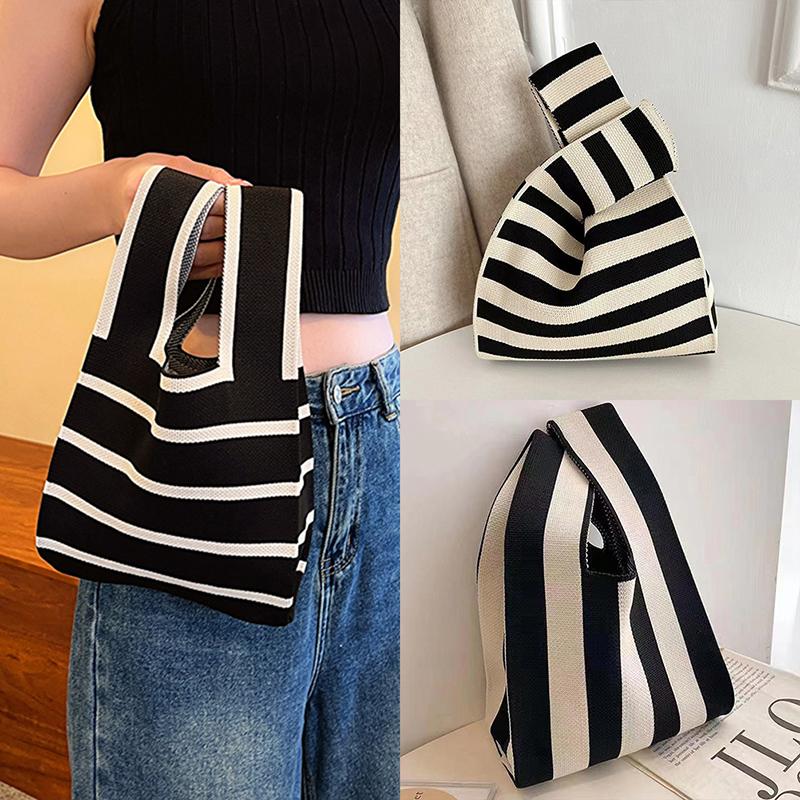 Handmade Knit Handbags Women Mini Knot Wrist Bag Korean Casual Tote Bag Reusable Shopping Bags